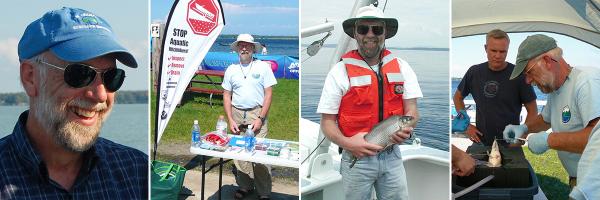 Mark Malchoff at aquatic invasives educational table, holding a whitefish and tagging a bass